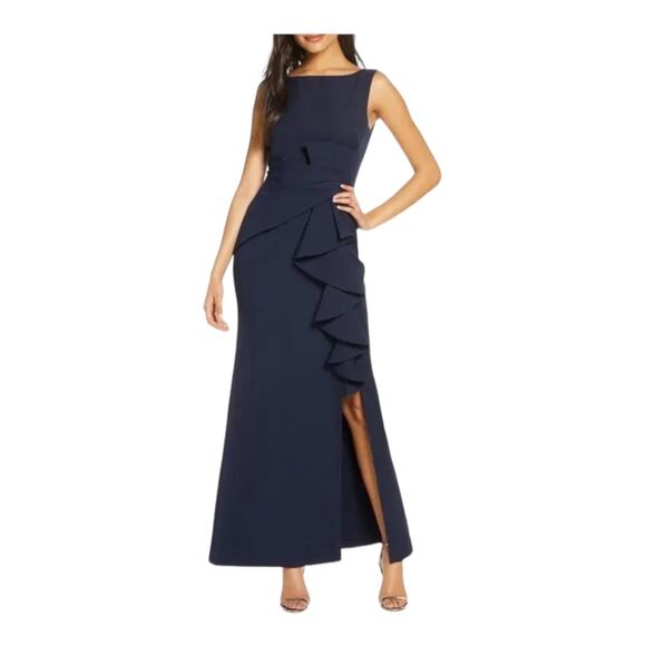Eliza J cascading Ruffle Front Gown dress navy blue size 6 - Picture 1 of 7